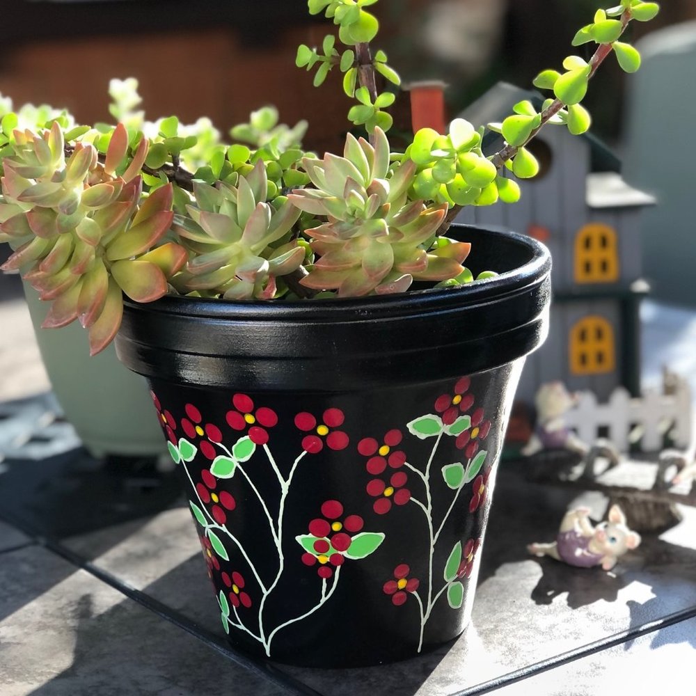 Red Flowers at Midnight (8" Planter Pot)